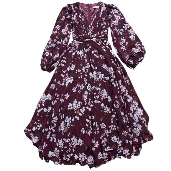 Ieena MacDuggal Womens Sz 2 Chiffon Floral V-Neck A-Line Maxi Dress Formal Prom - Picture 2 of 8